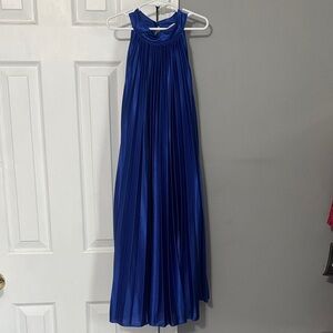 Royal Blue Pleated Halter Knee-length Dress